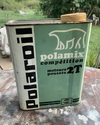 Ancien bidon dhuile Polaroil compétition 2T, vide déco garage vintage.. BON ETAT GENERALÀ nettoyer .......Objet...