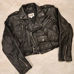 Selling VTG Vintage Chia Black Genuine Leather Jacket Womens M Medium Motorcycle Biker Bomber Crop Cropped Belted Cafe...