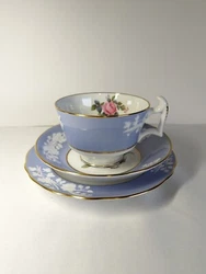 Stunning teacup and saucer set in blue maritime rose pattern. Teacup is 3.5