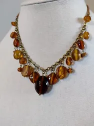 Boho Amber Color Bead Gold Tone Chain Necklace.