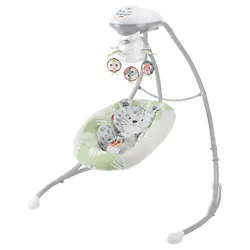 Swing with dual-motion design rocks from side-to-side or head-to-toe to keep newborn babies comforted. Snow leopard pad...