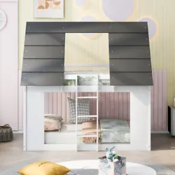 [House Design] Featuring a pitched roof and wall section with window, these house shaped bunk beds create a fun and...