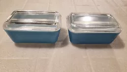 Two Vintage Pyrex 502B, 502C Primary Blue Refrigerator Dishes With ribbed Lids.  Normal wear as show in photo.   No...