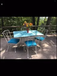 Authentic Vintage 1950s Aqua White Formica Chrome Dinette Set Antique Metal Lyon Shaw Chairs. Please see Pictures for...