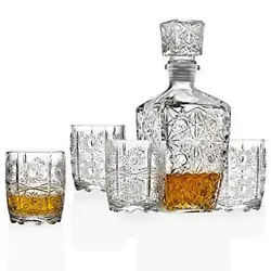 Five Piece Whiskey Decanter and Glasses Set. Includes 1 Decanter and 4 Double Old Fashioned glasses. Capacity:...