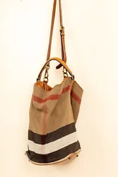 Authentic brown Burberry Ashby Leather Canvas Bucket Bag with pouch inside.
