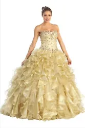 Bicici & Coty quinceanera sweet sixteen princess ruffles dress with jeweled top. size M color: gold. 100% authentic.