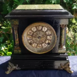 Antique Circa 1890s Seth Thomas Adamantine Faux Marble Mantle Clock. Parts Repair. Features - Beautiful Faux Marble...