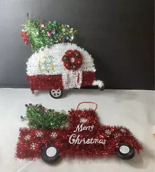 Christmas Camper and red truck Wreath Decor Door Hanging Sign Glitter Tinseled. Please review pictures for detail and...