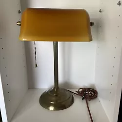 Vintage yellow Glass Brass Table Desk Lamp Light Student Banker Piano RARE COLOR. In very good condition. Slight fray...