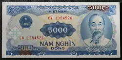 Billet en etat Neuf - UNC. Ce billet du Vietnam de 5000 Dong de 1991. Et noubliez pas de majouter à votre liste de...