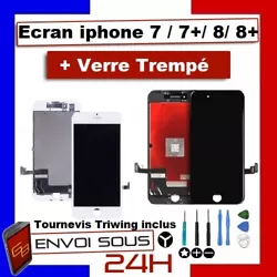 ECRAN LCD + VITRE TACTILE SUR CHASSIS POUR IPHONE 7/7+/8/8+ + KIT OUTILS. Bloc écran pour iPhone 7, 7 Plus, 8 ou 8...