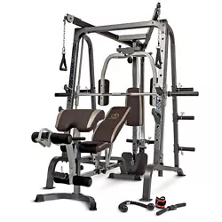 Dual action leg developer with 6 oversized roller pads and row/curl bar. Adjustable bar catches and safety stoppers....