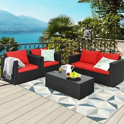 Color of Rattan: Black  Material: Rattan + Steel +Sponge + Polyester Fabric + Tempered Glass  Dimension of Loveseat:...