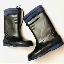 Black/blue snow/rain boots w lining size 4 unisex.
