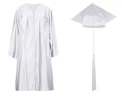 White Satin Graduation Cap and Gown Set. 100% Polyester in a satin finish.