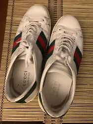 gucci ACE lowtop leather sneakers slightly worn classic green red stripe, slightly creased, great value, cant find this...