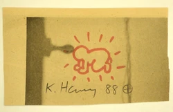 Here is a K. Haring Radiant Baby Drawing in red marker with signature below in what appears to be black marker. Was...