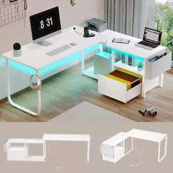 SEDETA L Shaped Desk with LED lights. Free conversion of desk and storage shelf. Coming with a file drawer, printer...