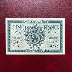 Algérie Billet 5 Francs 16.11.1942. Les photos accompagnent le descriptif.