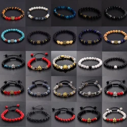 2Pcs Round Alabaster Beaded Bracelets King&Queen CZ Pave Crown Couple Bracelets. Hematite Stone Bracelets Therapy...