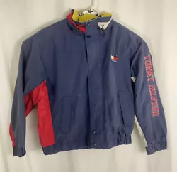 vintage mens large tommy hilfiger hooded jacket blue red yellow spellout arm. Please look at pictures for details....