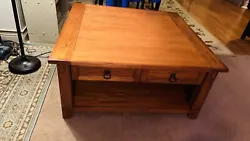 Solid oak coffee table. Very good condition, a lot of storage as well underneath. 40in x 40in x 18.5 height. Cross...