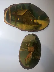 1) Vintage Deer By Mountains Artwork on Sliced Wood Log 2) Vintage Rustic Cabin Decor by Forest on the LakeOn 2nd. 2...