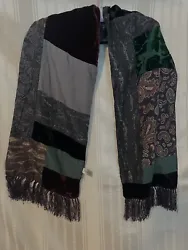 Lovely Jacqueline Ferrar Fine Silk & Velvet Multi Fabric Bohemian Fringed Scarf. Double fold. Size: 60” x 10.”
