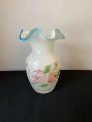 Opalescent Stripe Aqua Crest Ruffled Painted Roses Glass Vase Fenton? Teleaflor. Note, this vase is not marked with...
