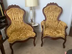 2 Antique Victorian Queen Anne tan/brown Velvet Chairs.