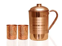 Sale For:- 3Pcs (1 Jug with 2 Glass ). Capacity:-Jug 1500 ML, Glass 300 ML Each (Approx.). Storing Water In A Copper...