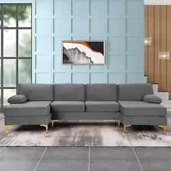 Modern Large Velvet Fabric U-Shape Sectional Sofa, Double Extra Wide Chaise Lounge Couch with Gold Legs. Type...