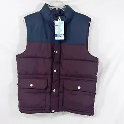Old Navy Puffer Vest Button Snap Burgundy Navy Blue color block Mens Medium