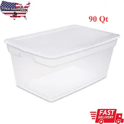 Features Stackable. Get organized with the Sterilite Clear Storage Box line! The Sterilite 90 Quart Storage Box is...