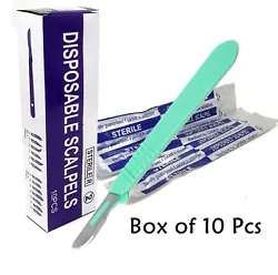 ITEM:10 DISPOSABLE STERILE SURGICAL SCALPELS #10 WITH PLASTIC GRADUATED WITH SCALE HANDLE. Easy to maneuver allowing...