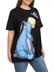 Eeyore loves just hanging around and playing with the butterflies. Graphic print of Eeyore on the front sitting down...