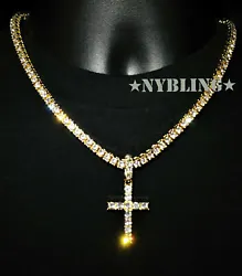 14k Gold Plated Tennis Chain Choker Necklace + Cross pendant. with AAA CZ stones. Stone: Over 200 carats of AAA CZ...