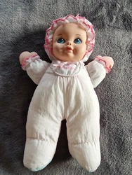 Ancien doudou poupée chiffon rose blanc coeurs pouet Vintage PLAYSKOOL.