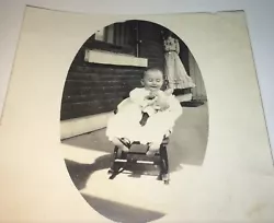 Mom Looking On Photo! Adorable Little Child in Small Rocking-chair Holding Doll! Scantic Antique.