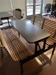 Oak Slatted Booth Metal Frame Picnic Tables. Perfect for restaurant indoor/outdoor use, school seating or for personal...