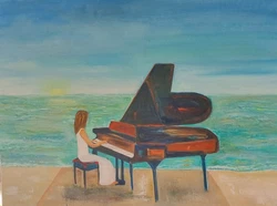 Peinture huile sur toile d’une pianiste au bord de mer.