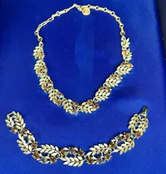 Signed Lisner 1960’s Amber Crystal 16” Necklace 7” Gold Tone Bracelet C293.
