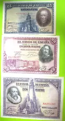 Lot de 3 billets de 25, 50 et 100 Pesetas. Toutes les billets et monnaies sont garantis authentiques.