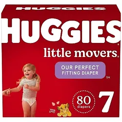 •Huggies Little Movers baby diapers size 7 fit babies 41+ lb.