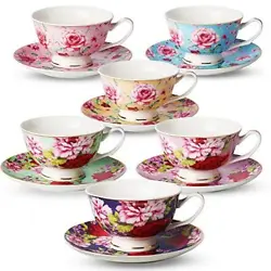 8-Ounce Bone China Porcelain Tea Cup and Saucer, Assorted colors, Floral Pattern, Set of 6.