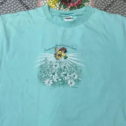 Has multiple stains and marks on front of shirt. Tiny hole on front of one sleeve. Tiffany blue color. The angel is...