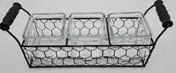 Rustic Black Metal Chicken Wire Condiment Utensil Caddy with 3 Glass Cube Jars.