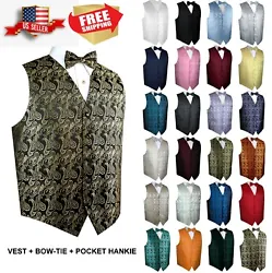 Vest, Bow-Tie & Hankie. Matching Bow-Tie and Hankie. Full Back Vest The back is Black Strap and Buckle in back to...