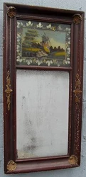 Its eglomise panel has bucolic depiction of a windmill on a stream. The glass is very nice and original. It is 28